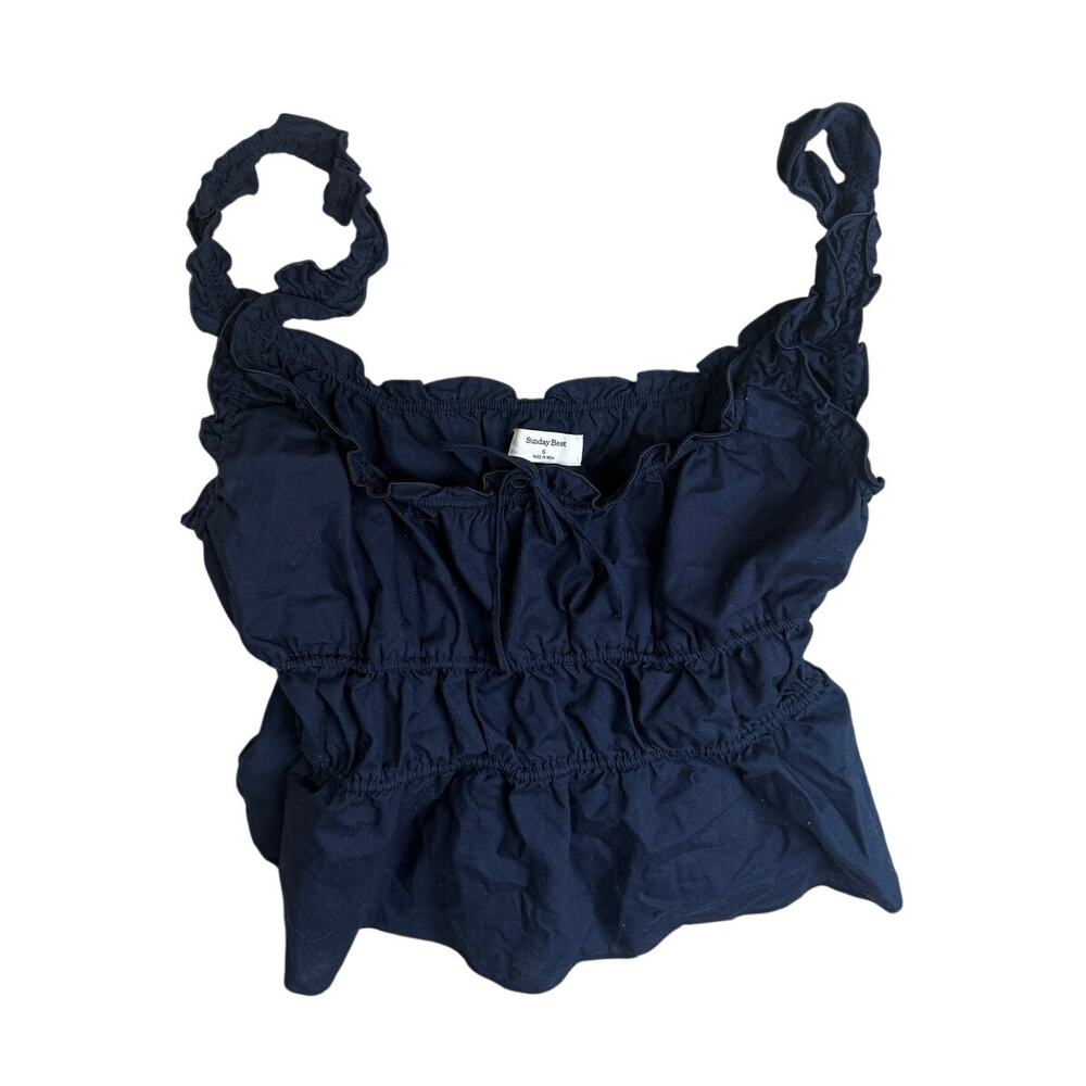 Aritzia Helena Poplin Cotton Ruffle Tank Top Navy Blue Preppy Small